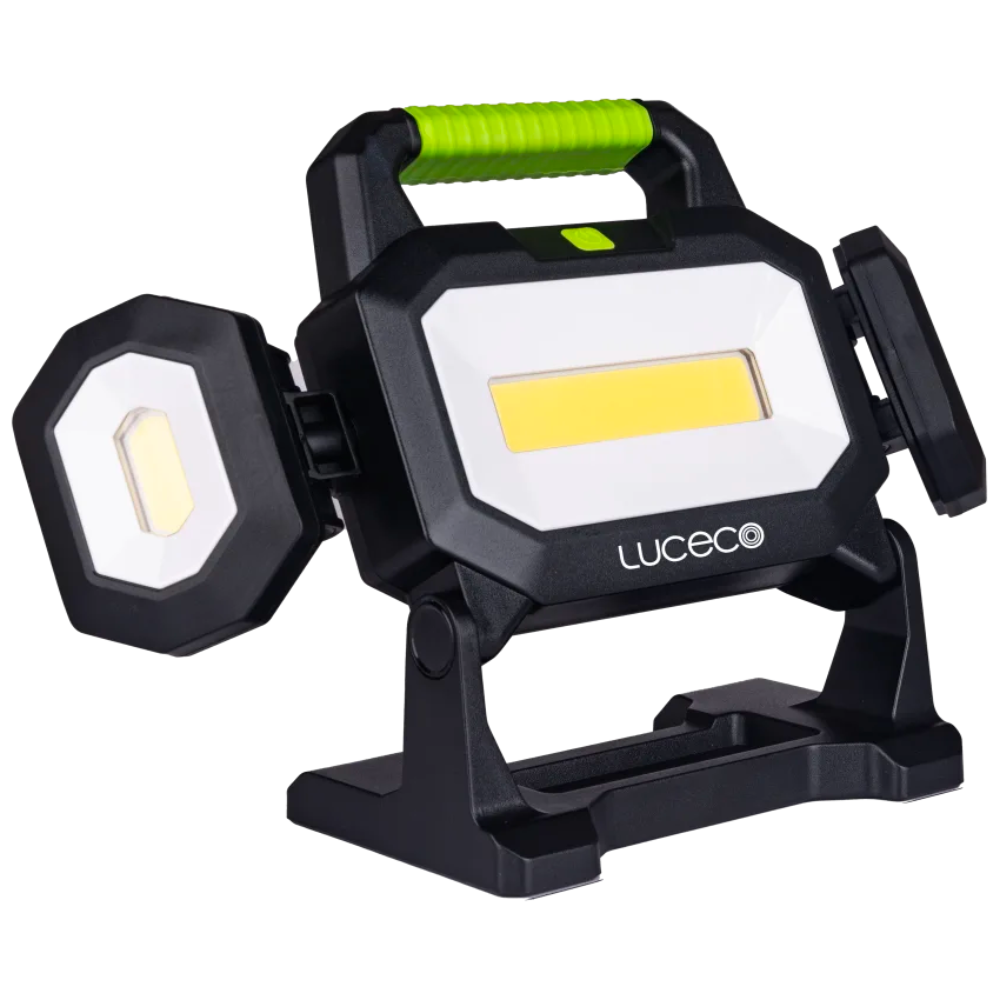 LUCECO 18W 2500lm 18V-20V Battery Powered Triple Head LED Work Light With Adaptors 2500 Lumen - Black & Green