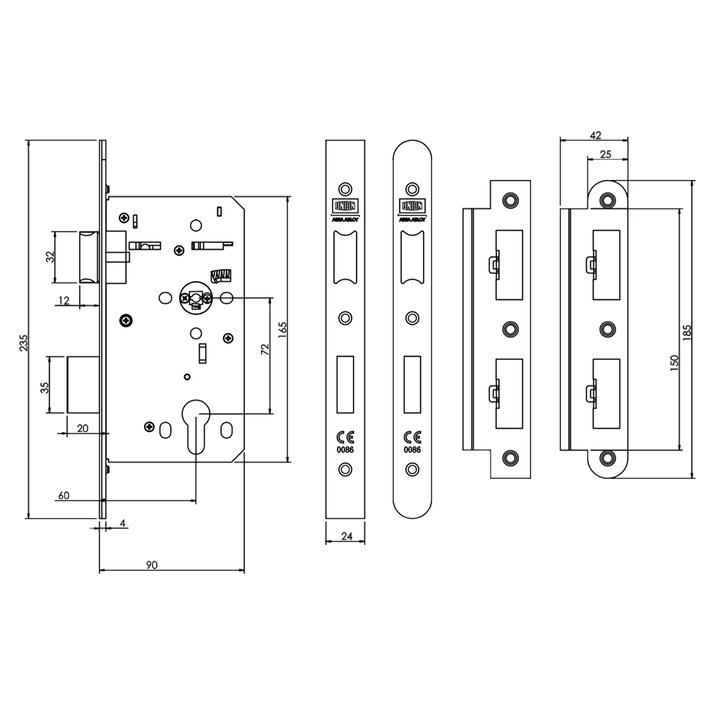 UNION 60mm HD72 Mortice Escape Sash Lock