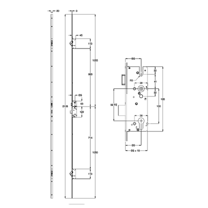 WINKHAUS AV2 Auto Locking Lever Operated Latch & Deadbolt 20mm Square - 2 Hook