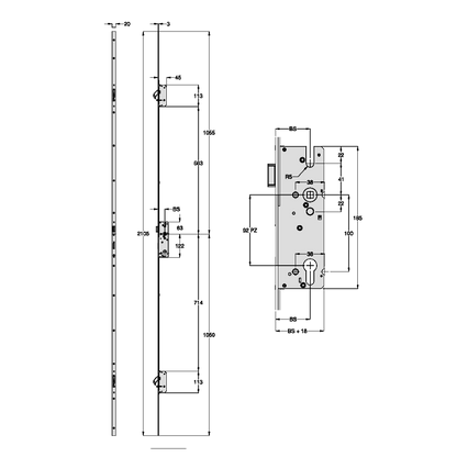 WINKHAUS AV2-F 2060 M2 Lever Operated Latch Only 20mm Square Faceplate - 2 Hook