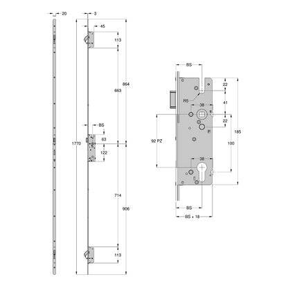 Winkhaus AV2-F 2070 M2 Lever Operated Latch Only 20mm Radius Faceplate - 2 Hook